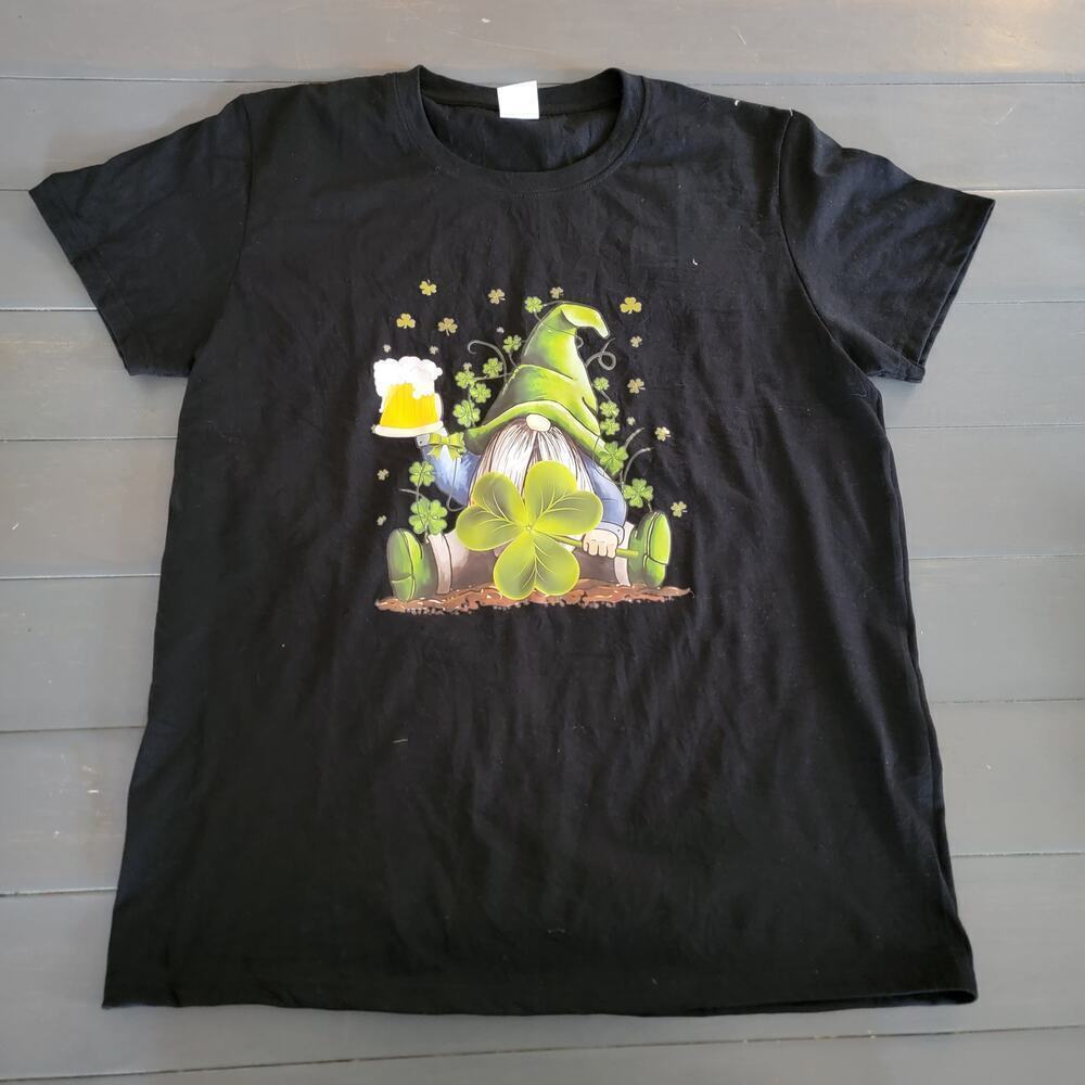 Autism Awareness Women's Black Gnomes Shamrock St Patricks Day Tee Top Size L